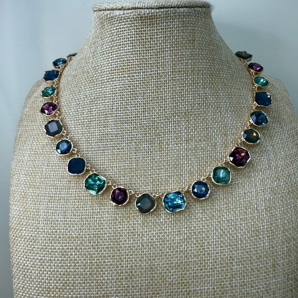 Gold-Tone Necklace With Multi-Colored Glass Gemstones Square & Round Shapes Adju - Picture 6 of 9